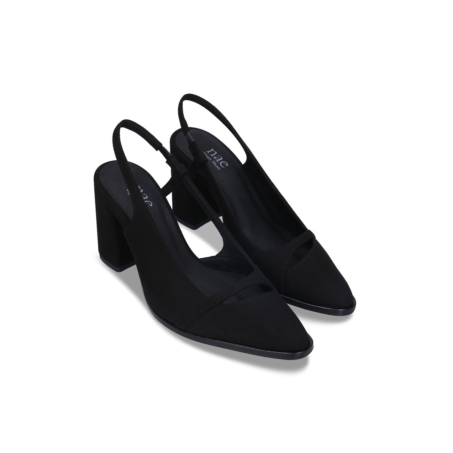 Décolleté donna nere vegane con tacco alto – punta elegante, cinturino dietro