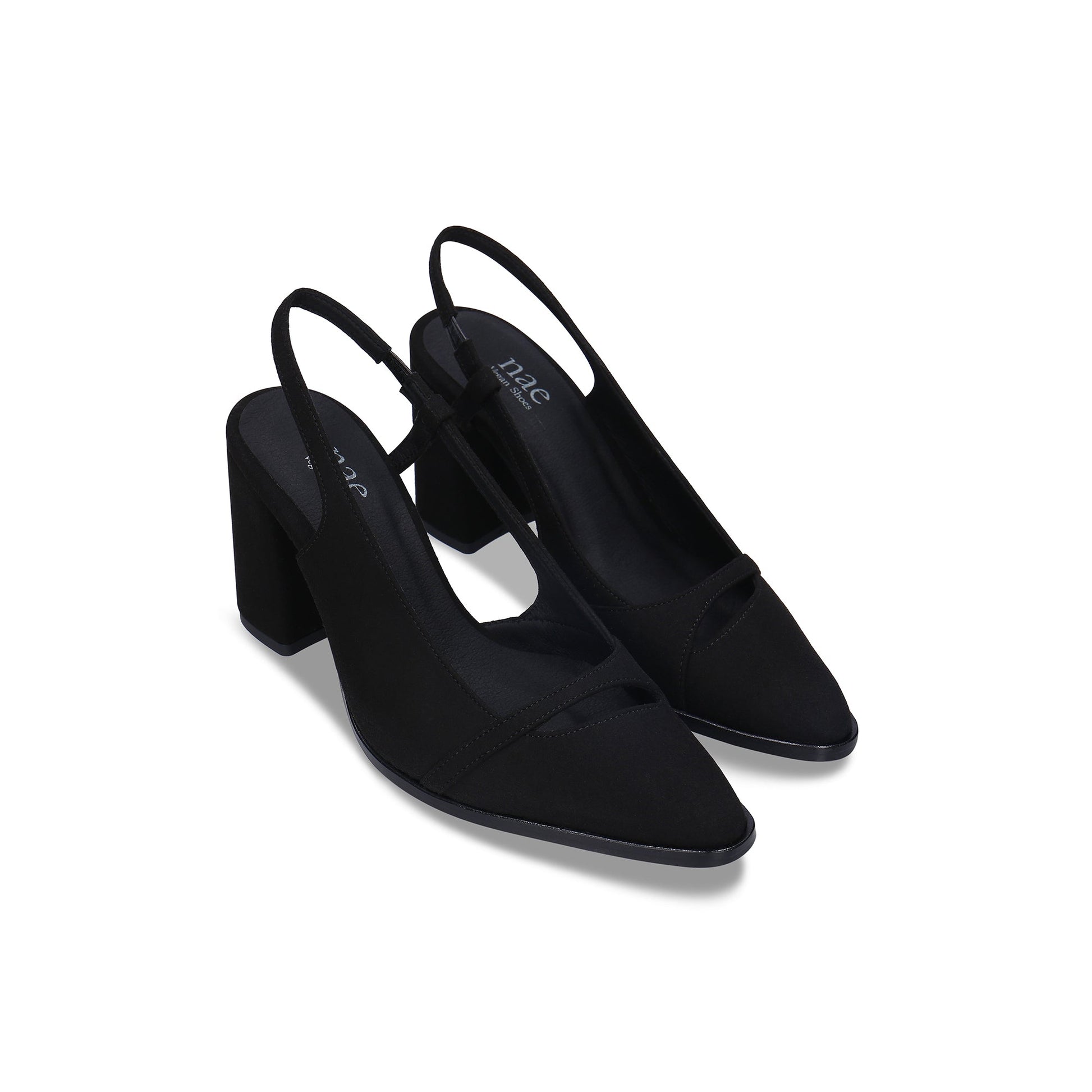 Décolleté donna nere vegane con tacco alto – punta elegante, cinturino dietro