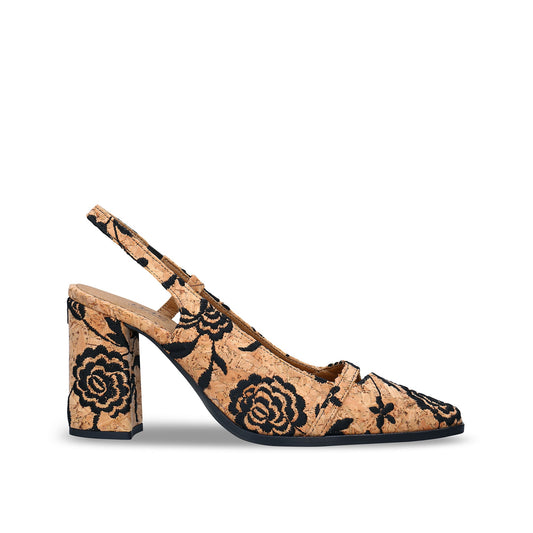 Escarpins femme végans talons hauts en liège brodé bride arrière pointu élégant